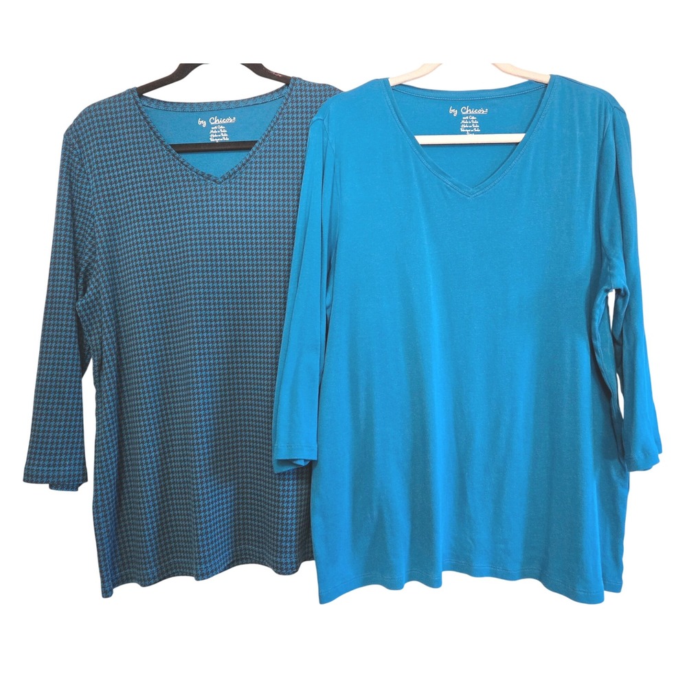 By Chicos Womens Lot of 2 V-Neck Tops Size 3/XL Teal Blue Houndstooth 3/4 Sleeve